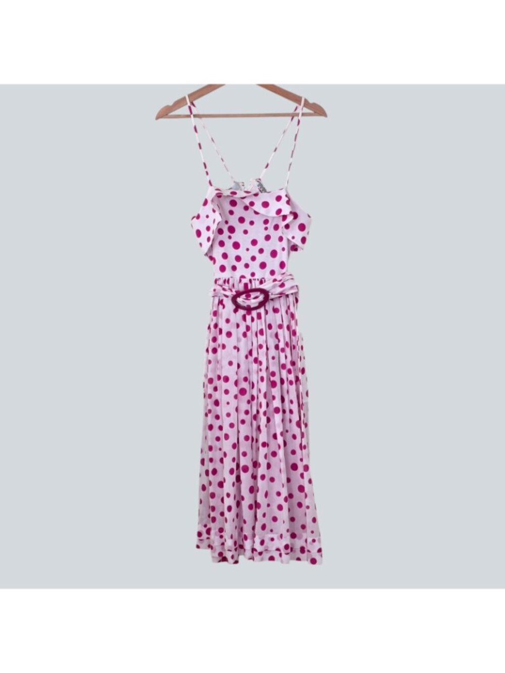 Vtg Bessi Firenze Italy Dress US 8 Pink Polka Dot Cotton Belted Midi Retro Chic - Picture 2 of 16